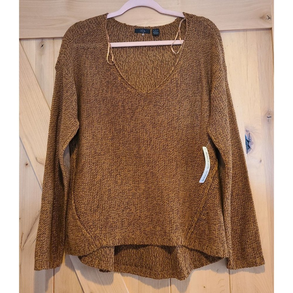 New! RDI Size XL V-Neck Knit Faux Suede Elbow Patch Sweater Orange Heather